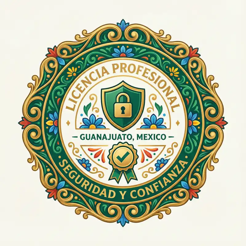 Sello de licencia profesional con escudo de seguridad y candado certificado
